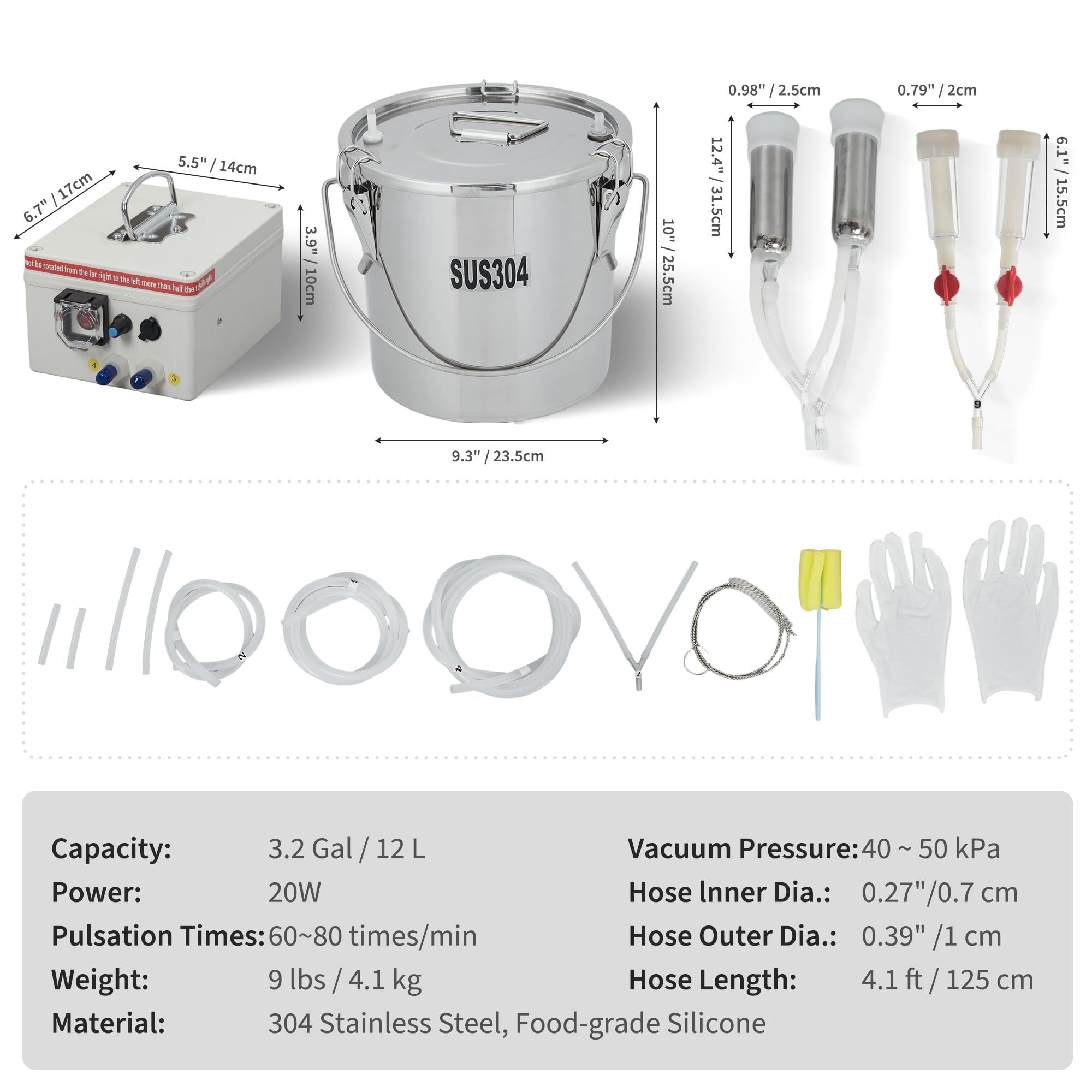 Garvee Electric Milking Machine for Cows & Goats – 12L Stainless Steel Bucket, Automatic Pulsation, 4 Teat Cups, Portable Rechargeable Milker, Adjustable Suction, Built-in 12V 8000mAh Battery