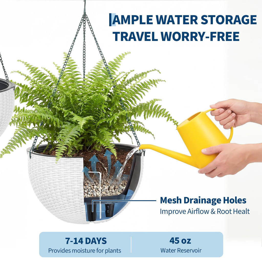Garvee Self-Watering Hanging Planters for Indoor & Outdoor Plants, 4-Pack 13.8 in Resin Baskets with Rattan Look, Drainage Plugs and Triple-Chain Hangers