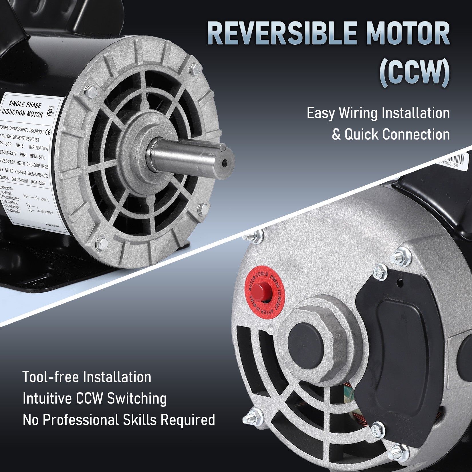 Garvee Heavy Duty Electric Air Compressor Motor – 5HP SPL, 230V, 56 Frame, 3450 RPM, 7/8" Shaft, Dual Rotation, ODP, Continuous Duty – Industrial, Workshop, Garage, Farm Replacement – Compatible with DP120556HZL – Specs: 5HP DP120556HZL