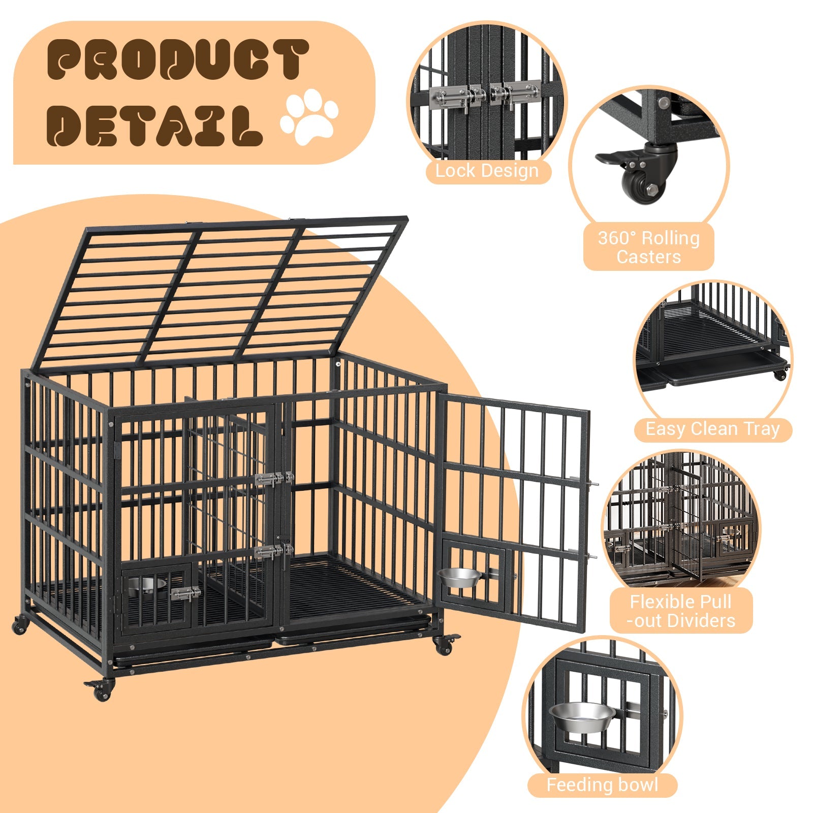 Garvee Heavy Duty Sliding Rail Dog Crate, 42 Inch Dog Crate with Double Door, 360° Lockable Wheels and Removable Tray, Easy to Assembly, Indoor Outdoor Dog Kennel for Small to Large Dogs