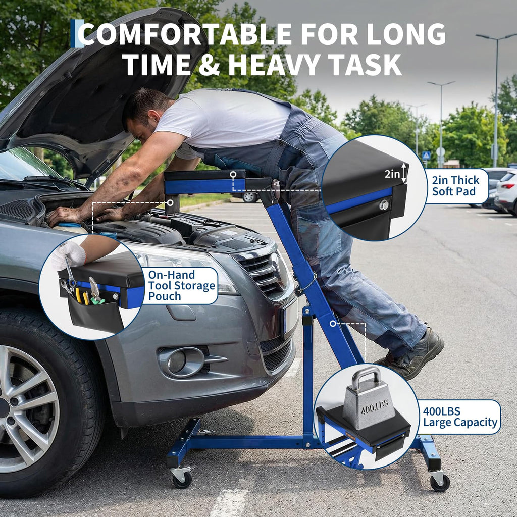 Garvee Automotive Engine Creeper, 400 lbs Foldable Top Side Mechanic Creeper for Cars and Trucks, Adjustable Height (49"-76"), Padded Deck, Engine Bay Repair Stand for Jeeps, Pickups, and Lifted Vehicles, Blue