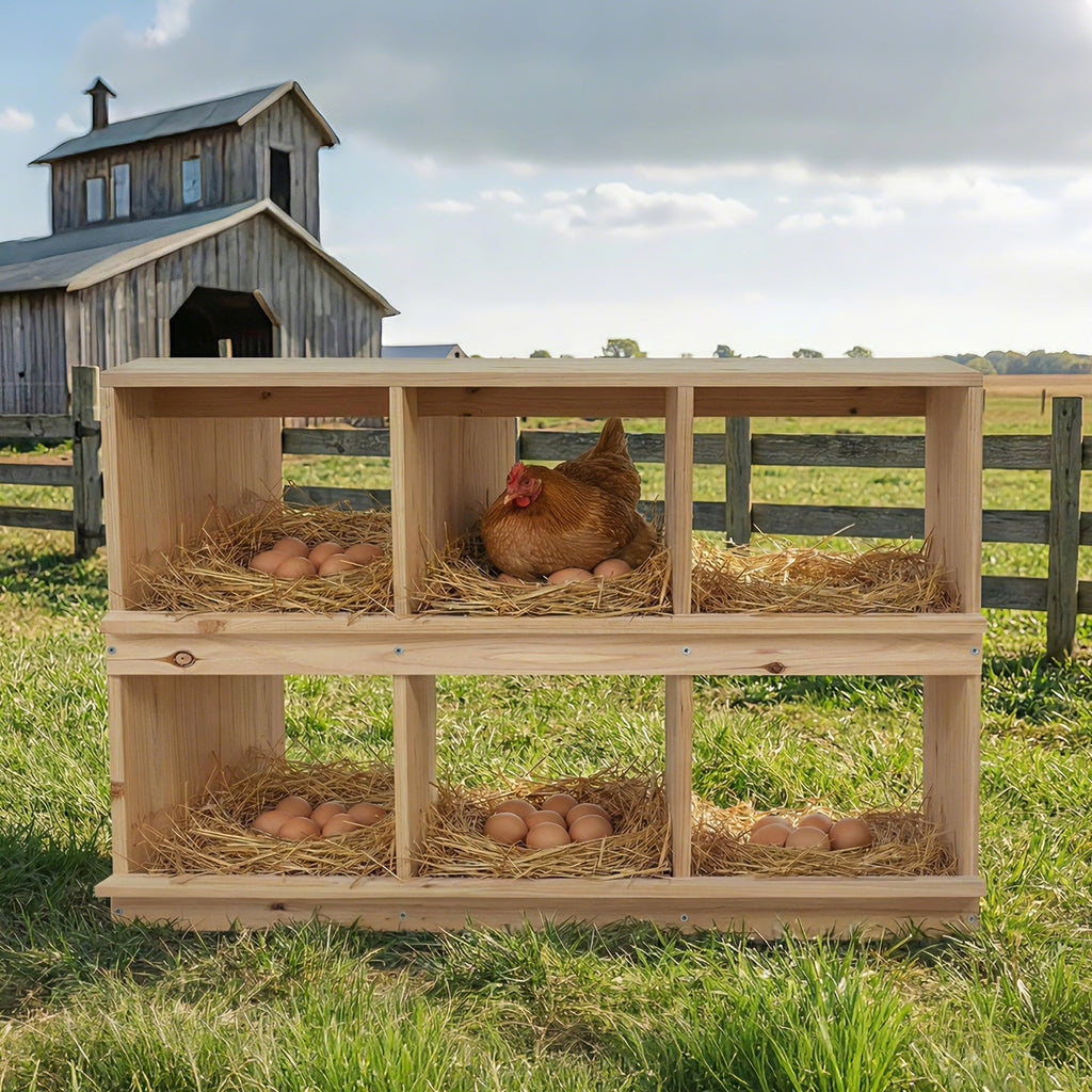 Garvee Double-Tier Wooden Chicken Nesting Box – Wall-Mounted or Floor-Standing, Six Compartments, Roll-Away Egg Collection, Perch, Sun-Resistant for Backyard Poultry Coops and Farms, 6-Compartment Double Layer