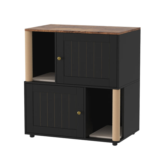 Garvee Double Cat Litter Box Enclosure Furniture for 2 Cats – 2-Tier Modern Wooden Cabinet with Hidden Litter, Sisal Marking Posts, Dual Mats, Odor Control, End Table Storage – Grooved Black Door