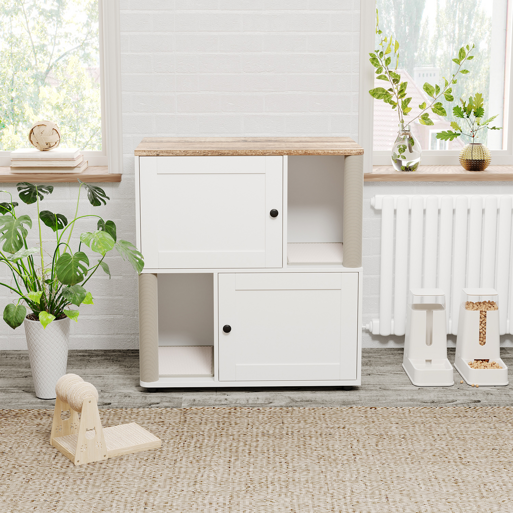 Garvee Double Cat Litter Box Enclosure for 2 Cats – 2-Tier Modern Wooden Cabinet with Hidden Litter Box, Mark Mats & Post, Corner Cat Washroom, End Table – Basic Gray Model