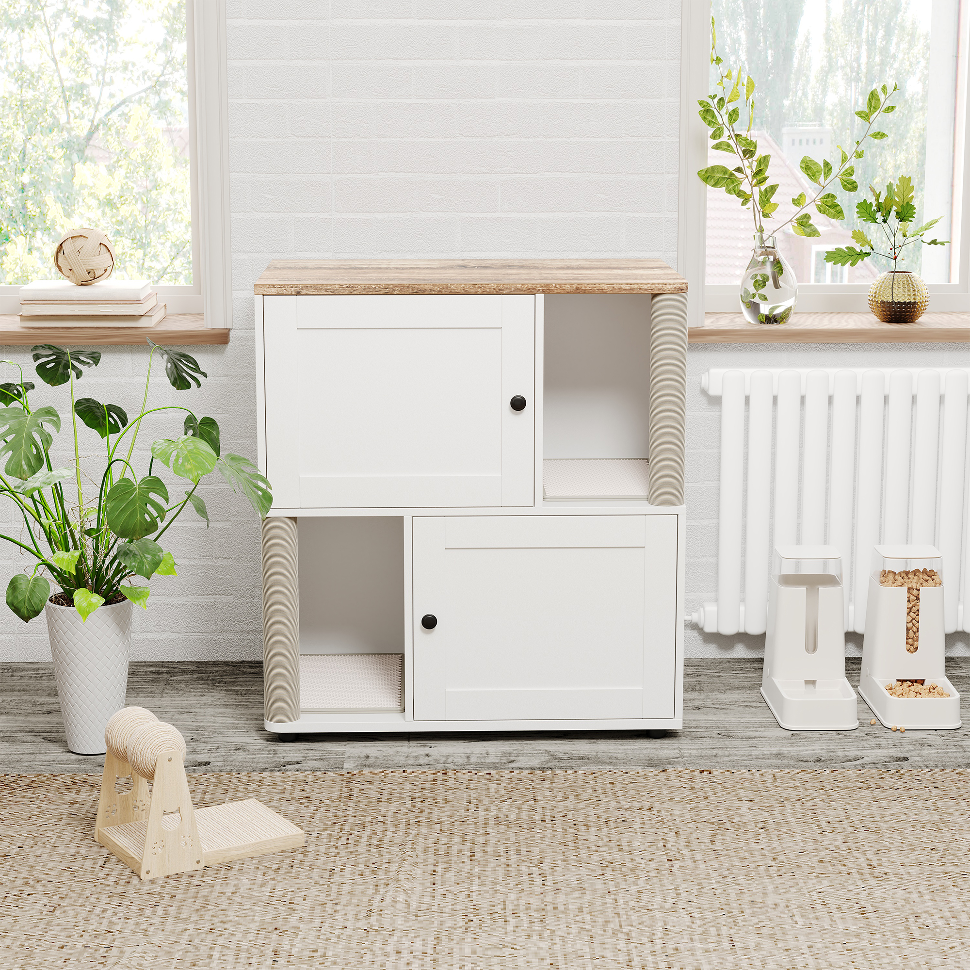Garvee Double Cat Litter Box Enclosure for 2 Cats – 2-Tier Modern Wooden Cabinet with Hidden Litter Box, Mark Mats & Post, Corner Cat Washroom, End Table – Basic Gray Model
