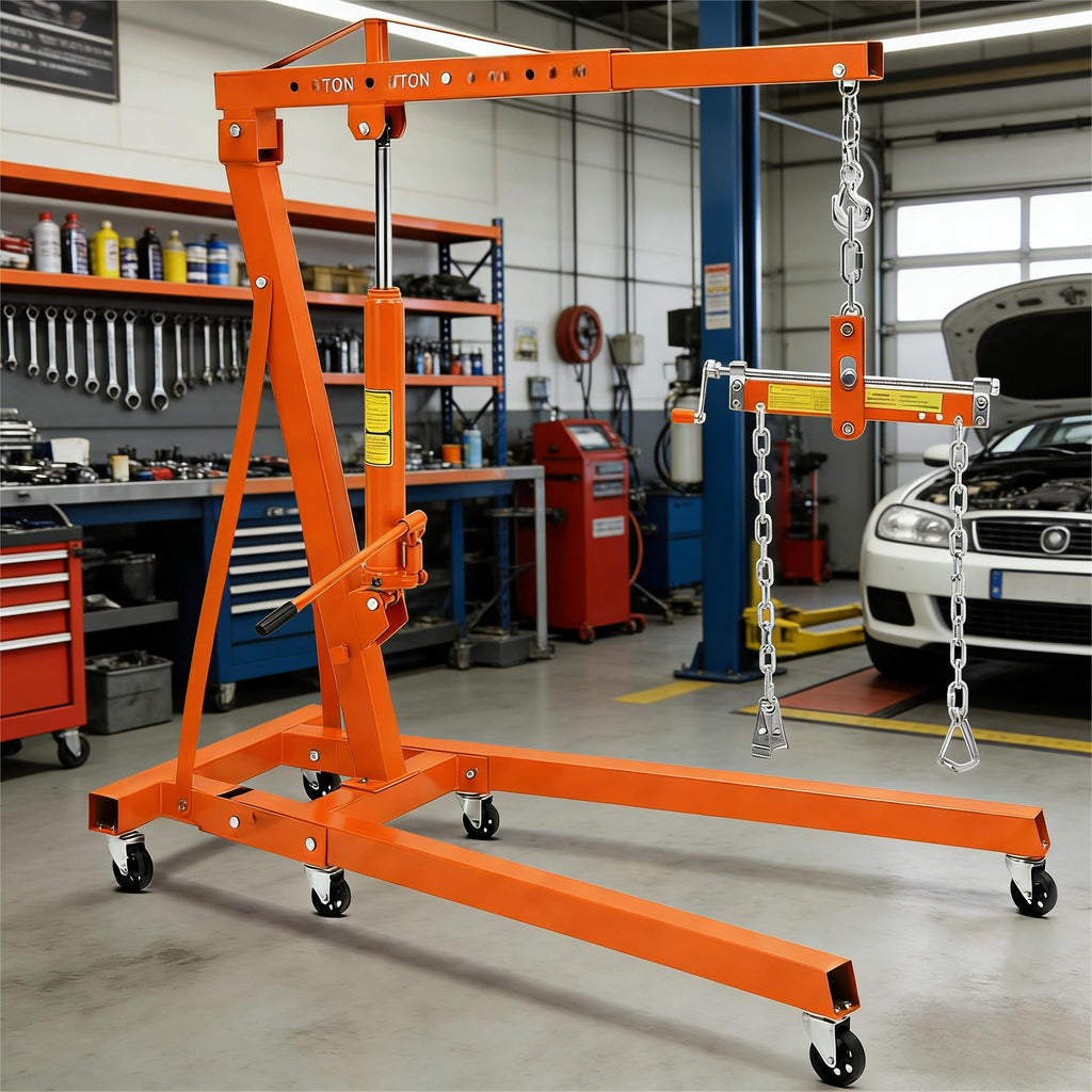 Garvee 2 Ton Hydraulic Engine Hoist with Lever Stabilizer, 4-Position Adjustable Boom, 360° Swivel Casters, High-Strength Steel, Foldable Design for Auto Repair Workshop