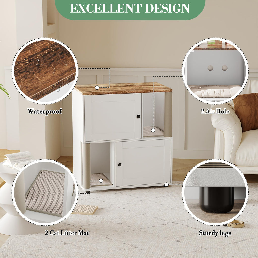 Garvee Double Cat Litter Box Enclosure for 2 Cats – 2-Tier Farmhouse Wooden Cabinet with Sisal Mark Posts, Litter Mats, Hidden Washroom, Odor Control, End Table Design – Basic Deep Walnut Wood