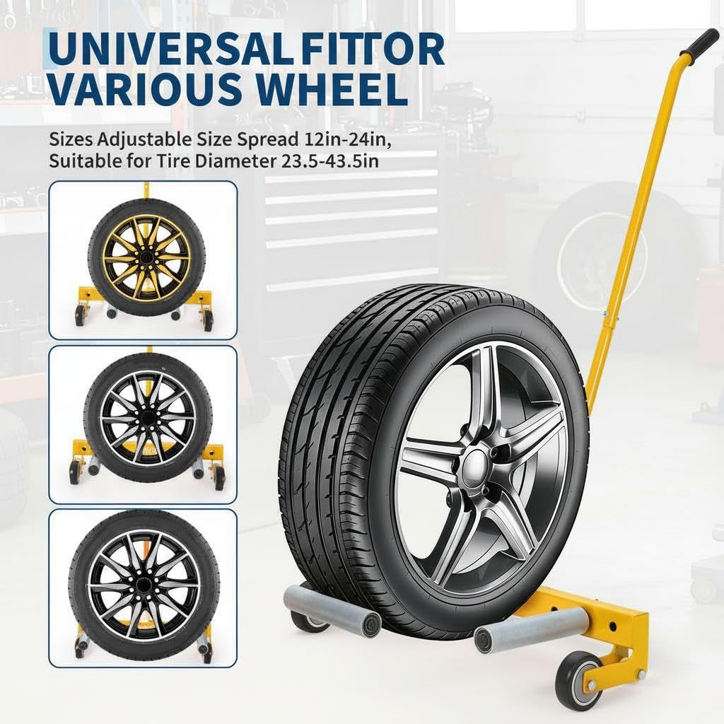 Garvee Heavy Duty Adjustable Tire Wheel Dolly – 330lbs Capacity, 23.5"-43.5" Width, 8in 360° Rollers – For Semi Truck, SUV, ATV, RV, Trailer – Industrial Tire Lifter Cart – Yellow