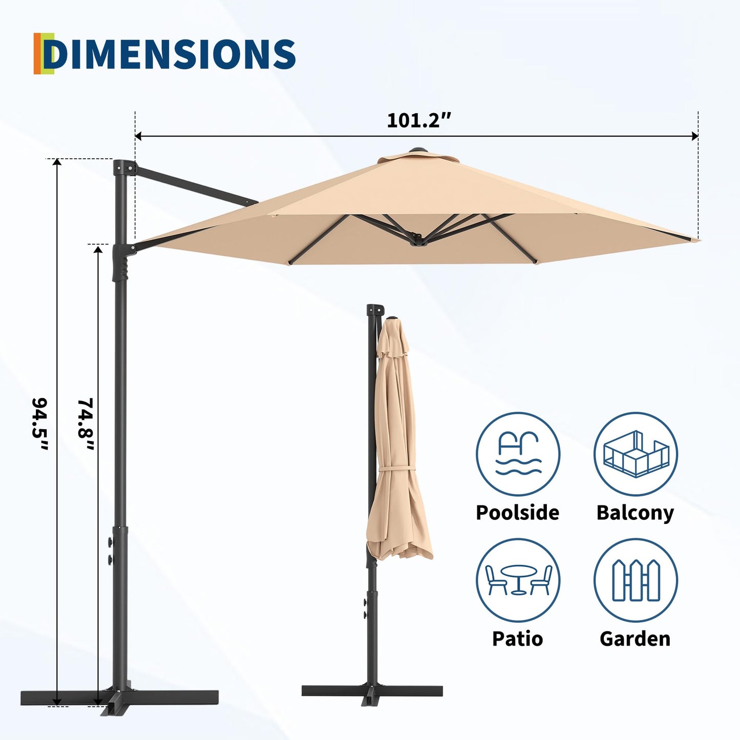 Garvee Cantilever Patio Umbrella, 9 FT Khaki Offset Sun Shade with UV-Resistant Vented Canopy for Deck, Backyard, Poolside and Balcony