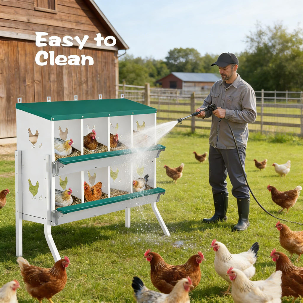 Garvee 8-Compartment Metal Poultry Nesting Box with Legs – Roll Away Egg Collection, Soft Nest Pads, Fake Eggs, Swing Perch, Lid Cover – Galvanized Steel Hen Laying Box for Coop, Barn, Farm – Wall Mount or Freestanding, 8-compartment bracketed model
