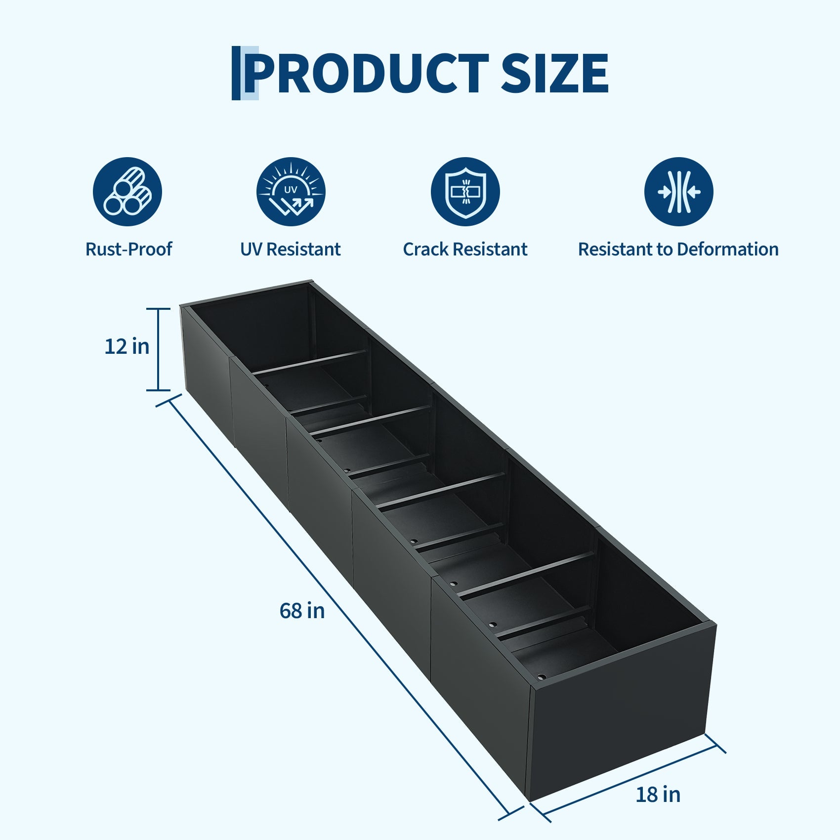 Garvee 68" x 12" x 18" Raised Garden Bed with Base, Modern Black Steel Planter Box, Bottomless Design for Drainage, Removable Dividers, Weather-Resistant Outdoor Garden Bed, Easy Assembly