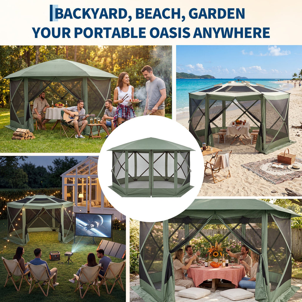 Garvee Screen Gazebo Tent, 13 x 13 FT 6-Sided Canopy for 8-10 People with 7.5 FT Height, Removable Wind Cloth and Carry Bag for Camping, Green and Light Gray