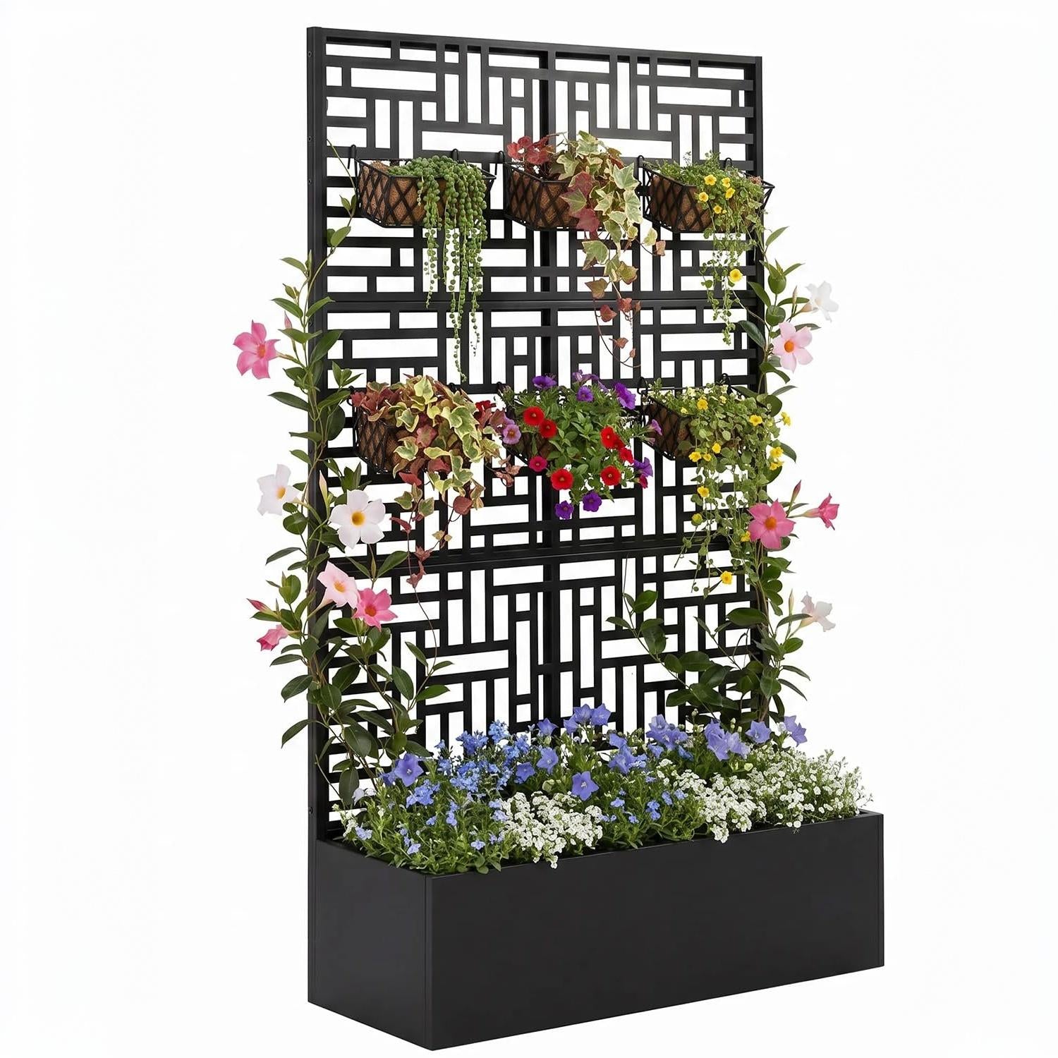 Garvee Raised Planter Box with Trellis for Climbing Plants, 71 in All-Weather Metal Garden Bed with Privacy Screen, Drainage Holes and Black Louvered Panel