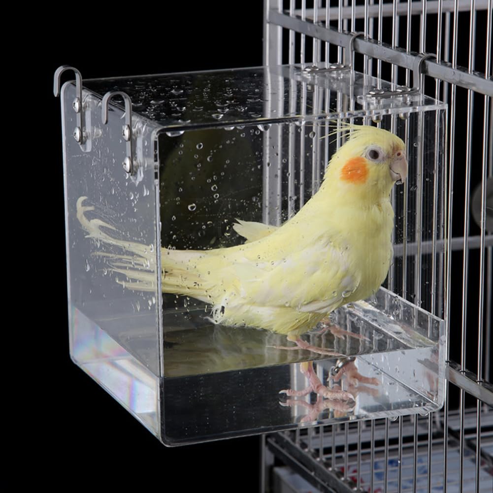 Garvee Large Transparent Acrylic Bird Bath Box – Hanging Leak-Proof Water Tub with Hook – Bird Cage Accessory for Parrot, Cockatiel, Parakeet – Large Size