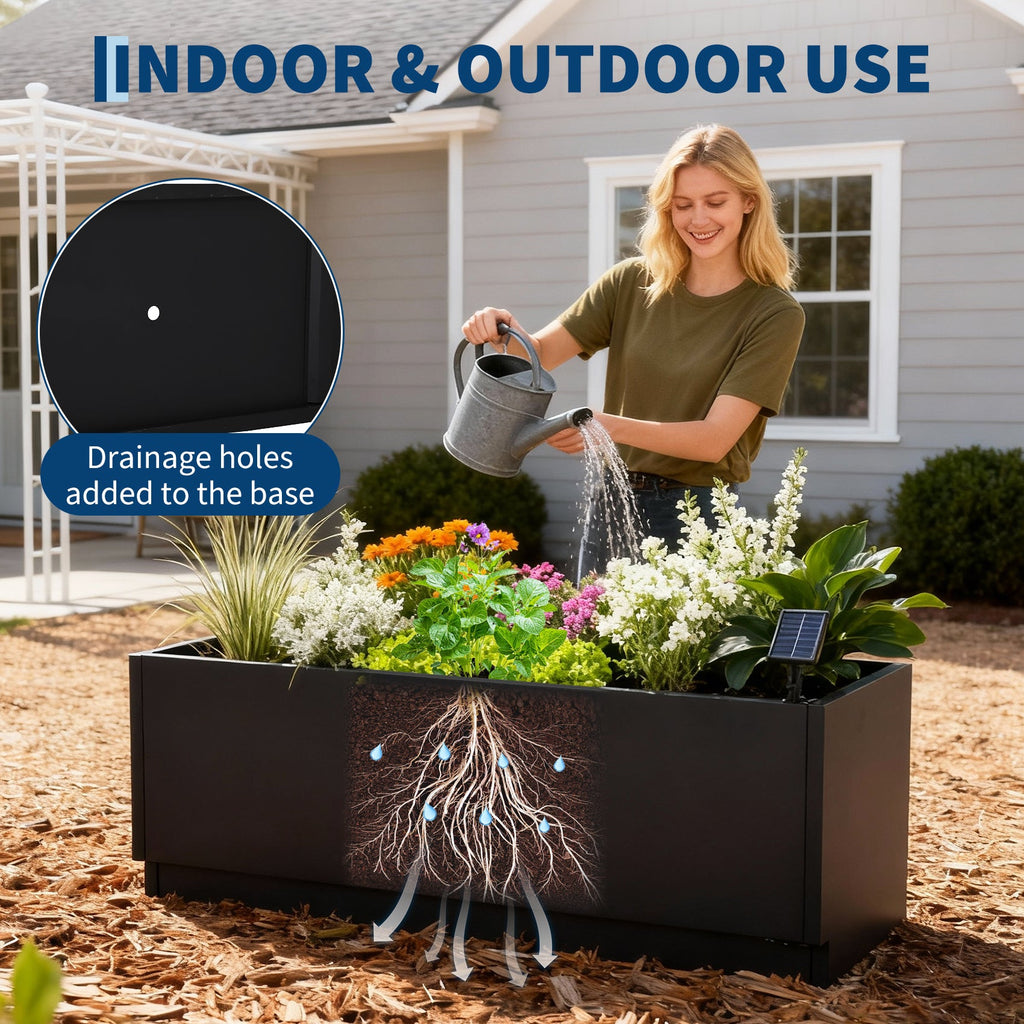 Garvee LED Metal Raised Garden Bed Planter Box – Snap-On Assembly, Exterior Light Strips, Waterproof Controller, Drainage Holes, Decorative Outdoor Flower & Vegetable Container – Black, 120x40x40cm