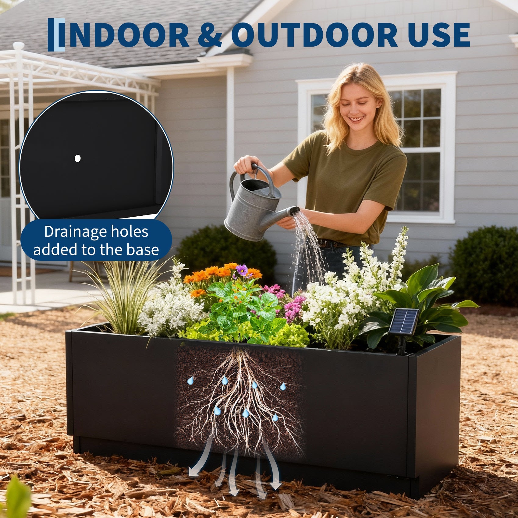 Garvee LED Metal Raised Garden Bed Planter Box – Snap-On Assembly, Exterior Light Strips, Waterproof Controller, Drainage Holes, Decorative Outdoor Flower & Vegetable Container – Black, 120x40x40cm