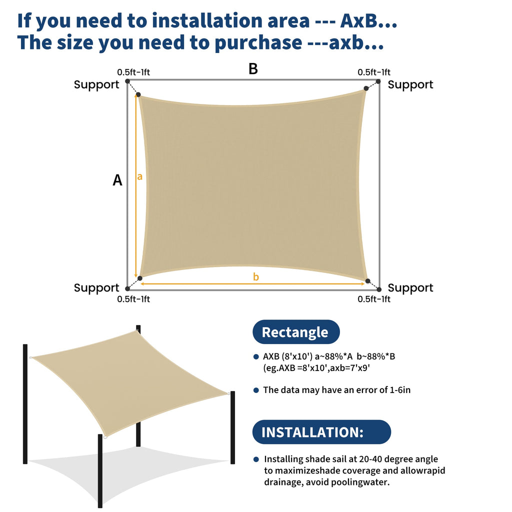 Garvee Sun Shade Sail 8' x 10' Rectangle Charcoal UV Block Sunshade for Backyard Yard Deck Patio Garden Outdoor Activities and Facility, Sand