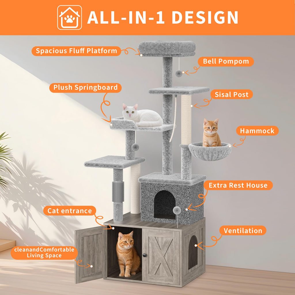 Garvee Litter Box Enclosure with Cat Tree, 2-In-1 Modern Cat Tower, Hidden Washroom Furniture, Wood Cat Condo with Scratching Post and Hammock, Indoor Pet Furniture with Multiple Platform, Gray
