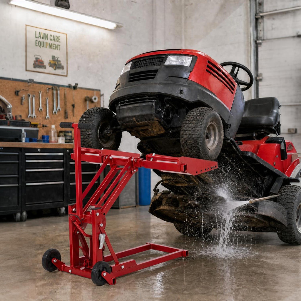 Garvee 550 lbs Heavy Duty Hydraulic Lawn Mower Lift Jack for Zero Turn & Riding Mowers, Adjustable Wheelbase 15.7"-33.8" W & Height 15"-29", Foldable Tractor Repair Hoist with 1m Straps, Red