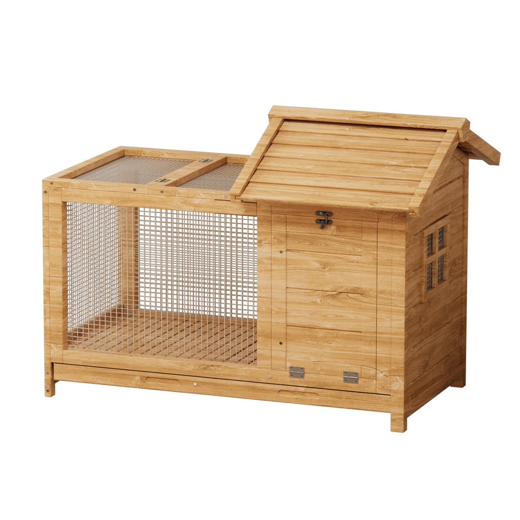 Garvee Large Outdoor Rabbit Hutch, Weatherproof 2-Story Bunny Cage with Removable Wire Netting, Wooden Indoor Outdoor Pet House, Waterproof Roof & Pull-Out Tray, Natural