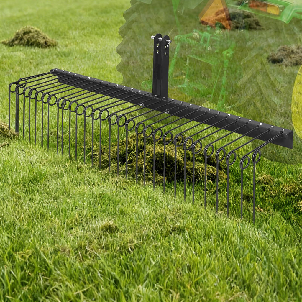 Garvee 72" Tow Behind Landscape Rake with 30 Steel Tines, Quick Hitch, Heavy Duty Powder Coated, Fits Category 1 Tractors, Yard Cleaning Tool