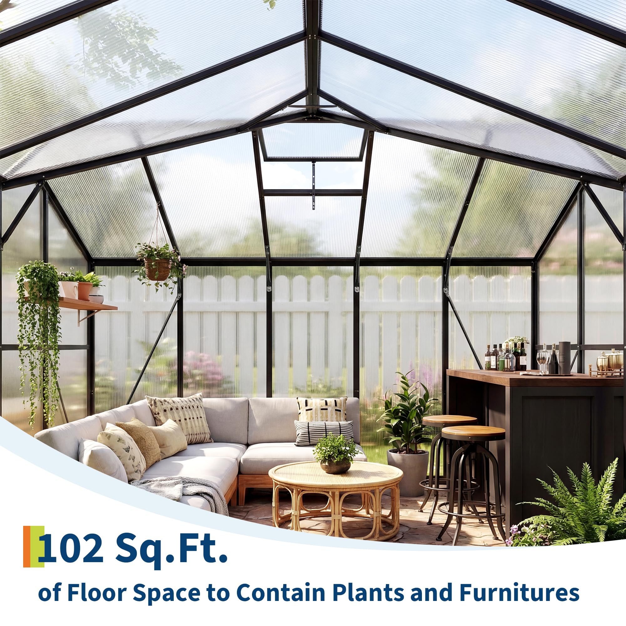 Garvee Walk-in Greenhouse 12×12 ft, 6mm Twin-Wall Polycarbonate Panels, 7 ft Peak Aluminum Frame with Roof Vent for Backyard Garden
