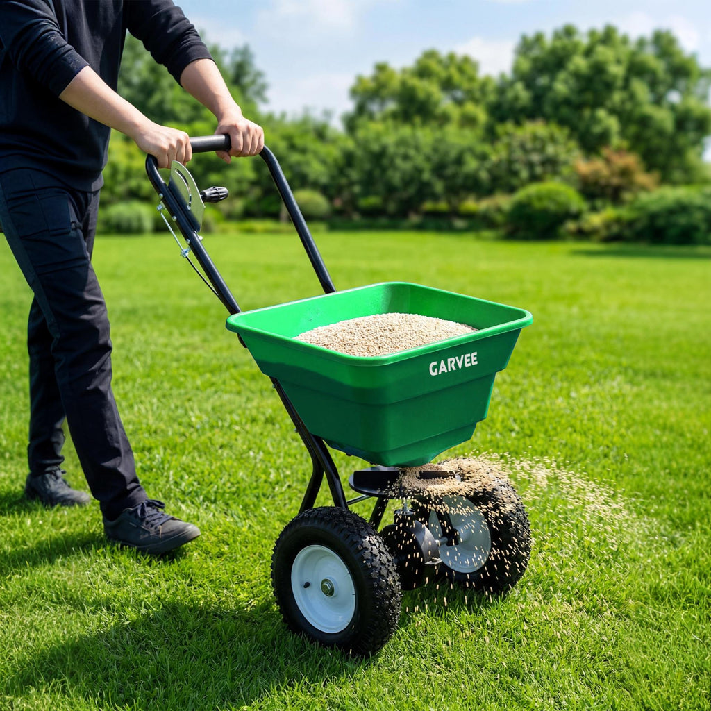 Garvee 80 lb Push Broadcast Spreader, Walk-Behind Lawn & Garden Spreader with 29 L Hopper, 0–12 ft Coverage, 13" All-Terrain Wheels & 20-Level Flow Control for Seed, Fertilizer, Salt & Ice Melt, Green/Black