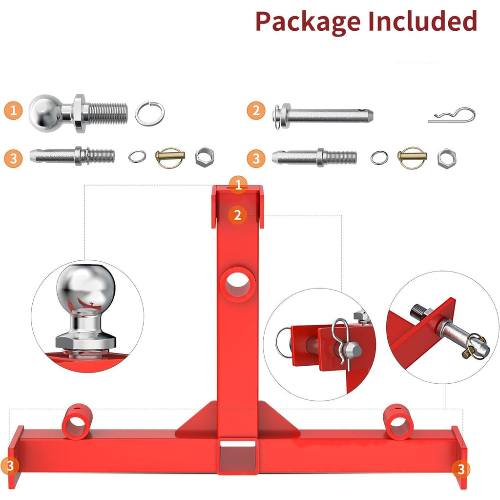 Garvee 3-Point Gooseneck Tractor Hitch, Category 1 Quick Hitch with 2" Receiver, Ball Drawbar for Farm Towing