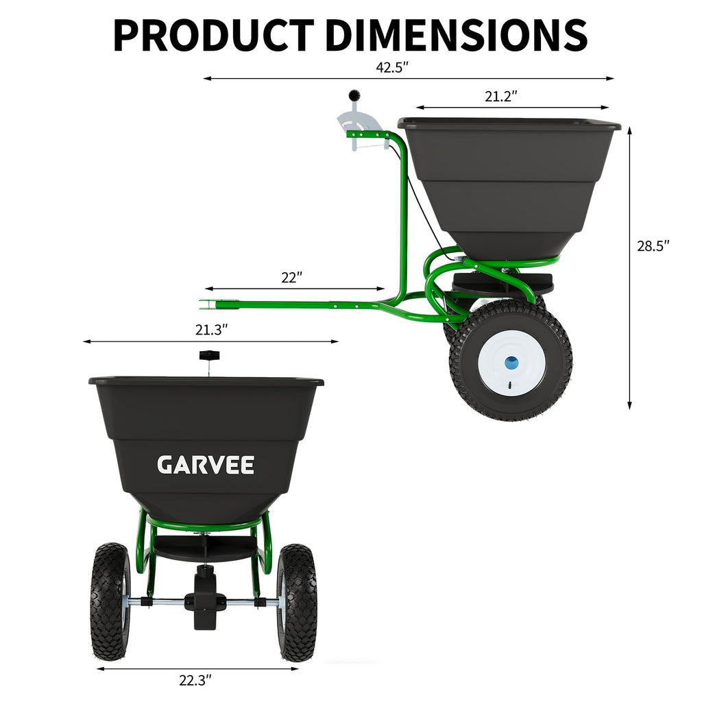 Garvee Tow-Behind Broadcast Spreader, 110 lbs Capacity with 10-Inch Pneumatic Tires, Universal Hitch and Feeder Cover for Seed, Fertilizer and Salt, Green