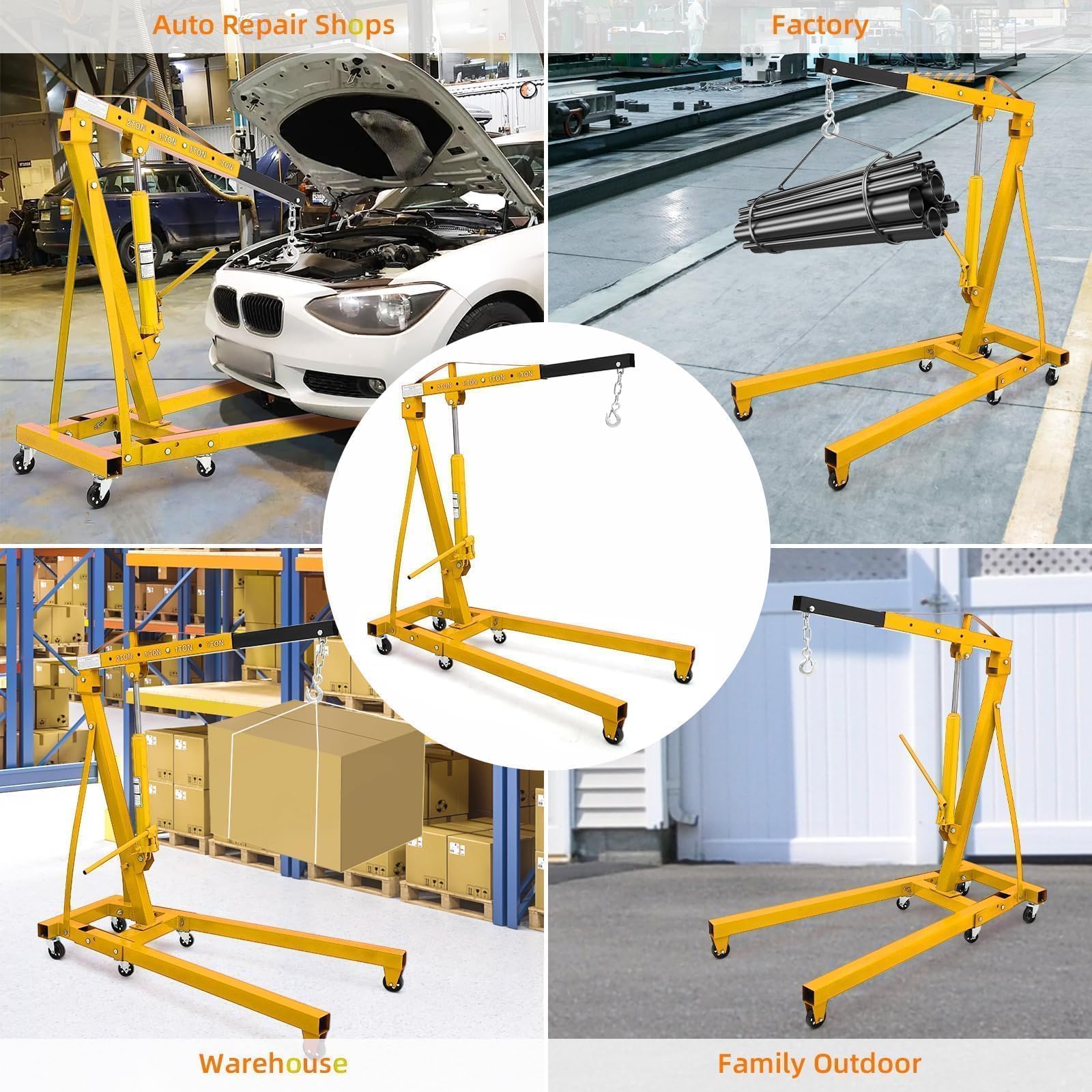 Garvee Heavy Duty Hydraulic Engine Hoist 2 Ton - Folding Cherry Picker Shop Crane - 4400 lbs Capacity, Telescopic Boom, 6 Caster Wheels - Automotive Garage Workshop Lift, Yellow without Load Distributor Unit, 2T
