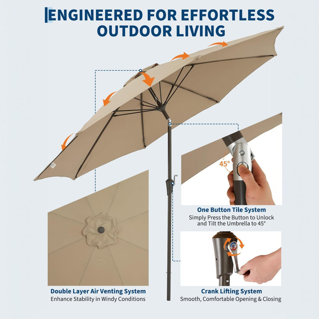 Garvee 10FT Outdoor Patio Umbrella, Outdoor Table Umbrella with Push Button Tilt and Crank, Market Umbrella with 8 Sturdy Ribs, UV Protection Waterproof for Garden Backyard Deck Pool, Brown