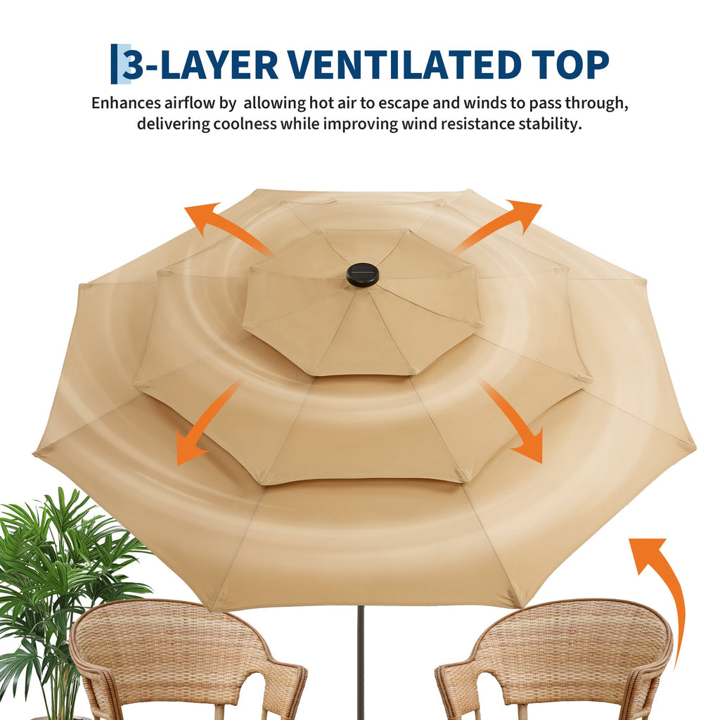 Garvee 9FT 3-Tier Solar LED Patio Umbrella, UV-Resistant Outdoor Market Umbrella with Crank & Tilt, 24 LED Lights & 8 Ribs, Khaki