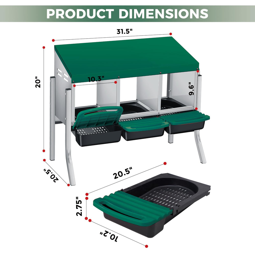 Garvee 3-Compartment Galvanized Steel Chicken Nesting Box – Roll-Away Tray & Freestanding Bracket Legs, Green