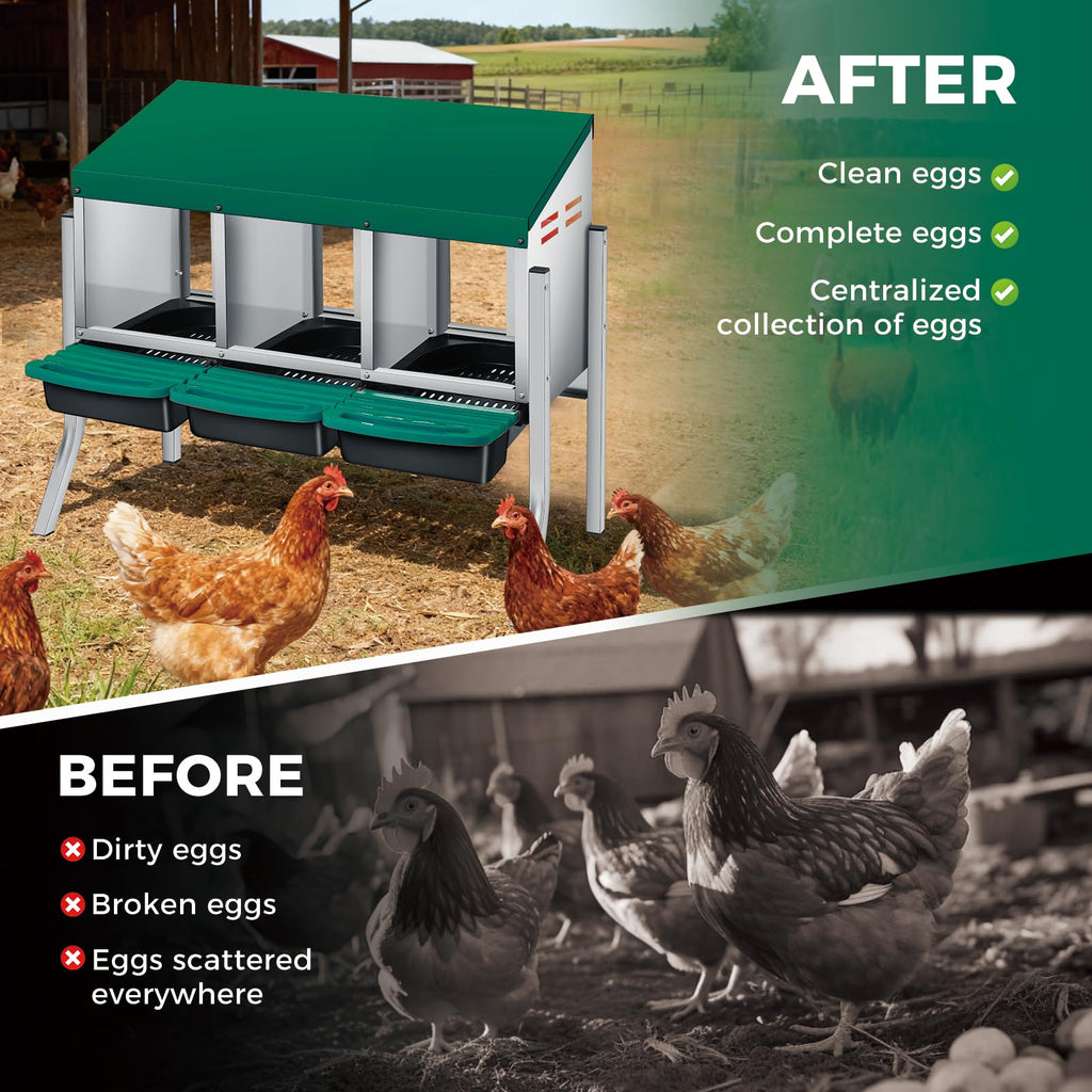 Garvee 3-Compartment Galvanized Steel Chicken Nesting Box – Roll-Away Tray & Freestanding Bracket Legs, Green