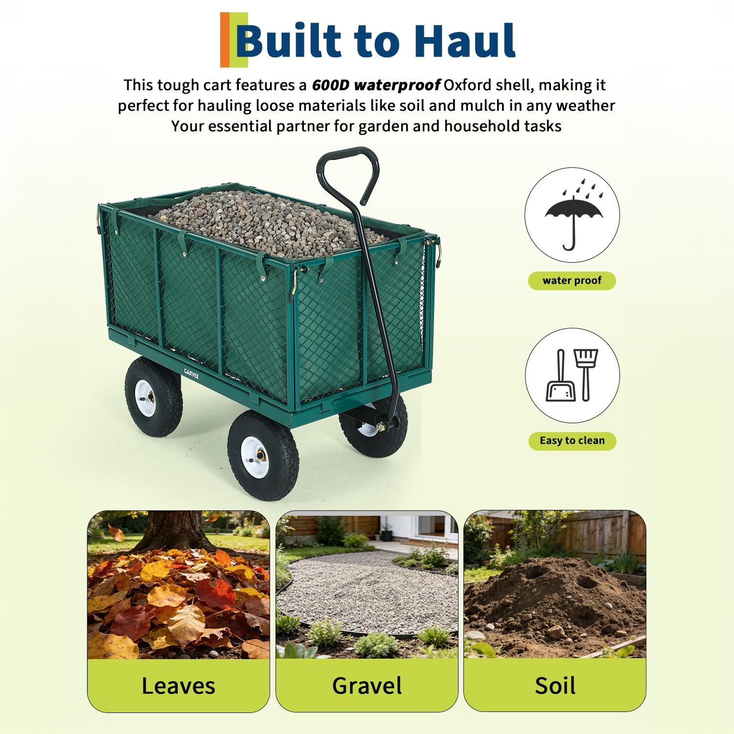 Garvee 800LBS Heavy Duty Steel Garden Cart Wagon with 10" Pneumatic Tires, Removable Mesh Sides, 180° Rotating Handle & Waterproof Bag, Utility Yard Trailer for Lawn, Garden & Farm, Green