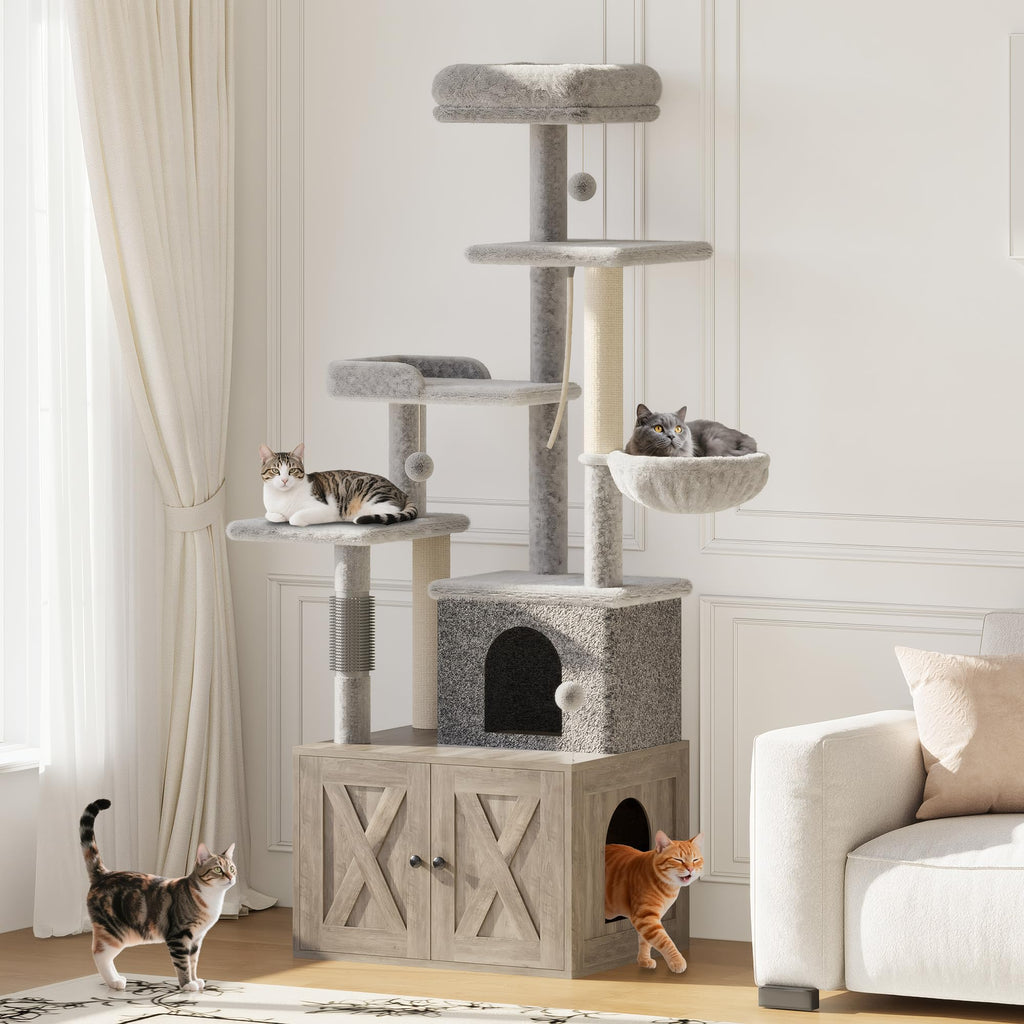 Garvee Litter Box Enclosure with Cat Tree, 2-In-1 Modern Cat Tower, Hidden Washroom Furniture, Wood Cat Condo with Scratching Post and Hammock, Indoor Pet Furniture with Multiple Platform, Gray