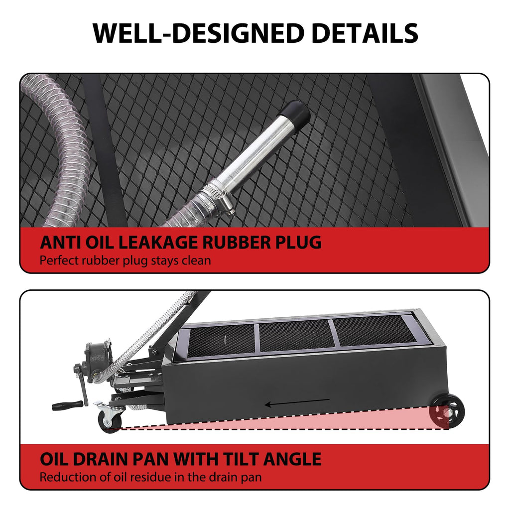 Garvee 20 Gallon Manual Low-Profile Oil Drain Pan, Large-Capacity Rolling Oil Drain Cart with Adjustable Handle, Hose, and Swivel Casters for Trucks, RVs, and SUVs, Black
