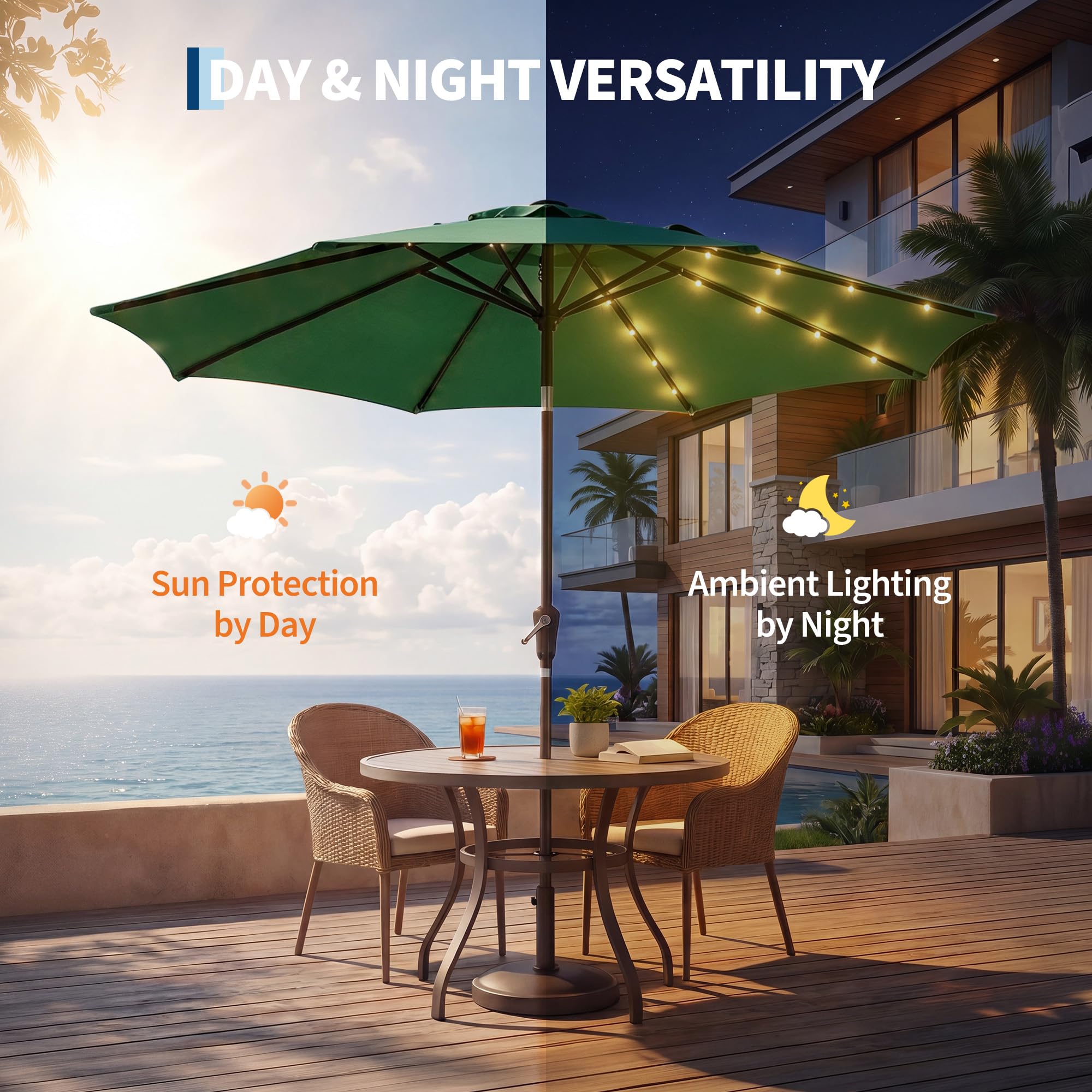 Garvee 10 FT Solar LED Patio Umbrella with 32 Lights, Round Outdoor Market Umbrella with Crank Lift, Push-Button Tilt and 8 Iron Ribs for Table, Deck, Garden and Pool, Dark Green