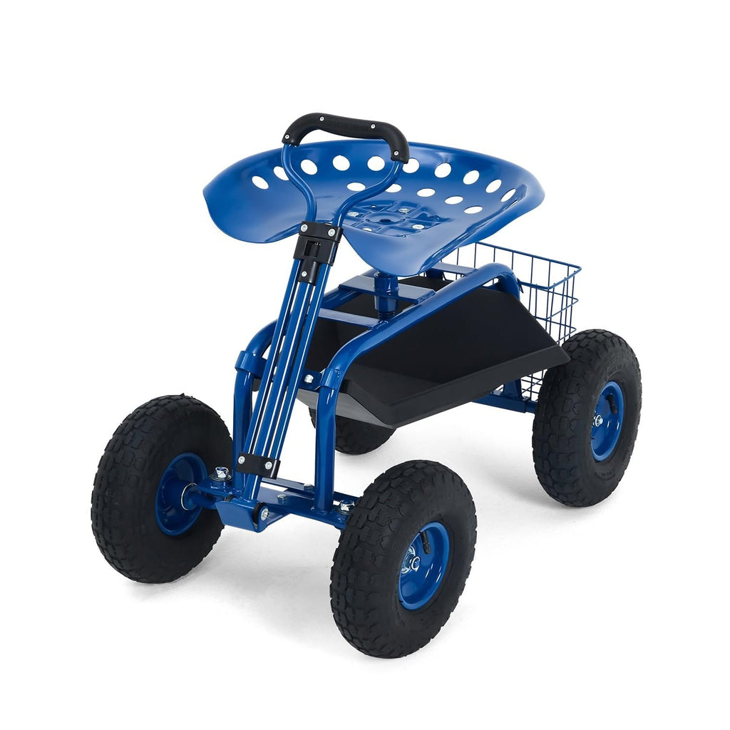 Garvee Blue Rolling Garden Work Seat with Wheels, 360° Swivel Gardening Cart with Extendable Steering Handle, Tool Tray, Storage Basket & 10" Inflatable Tires, 400 lb Capacity Garden Scooter for Yard, Patio & Outdoor Use