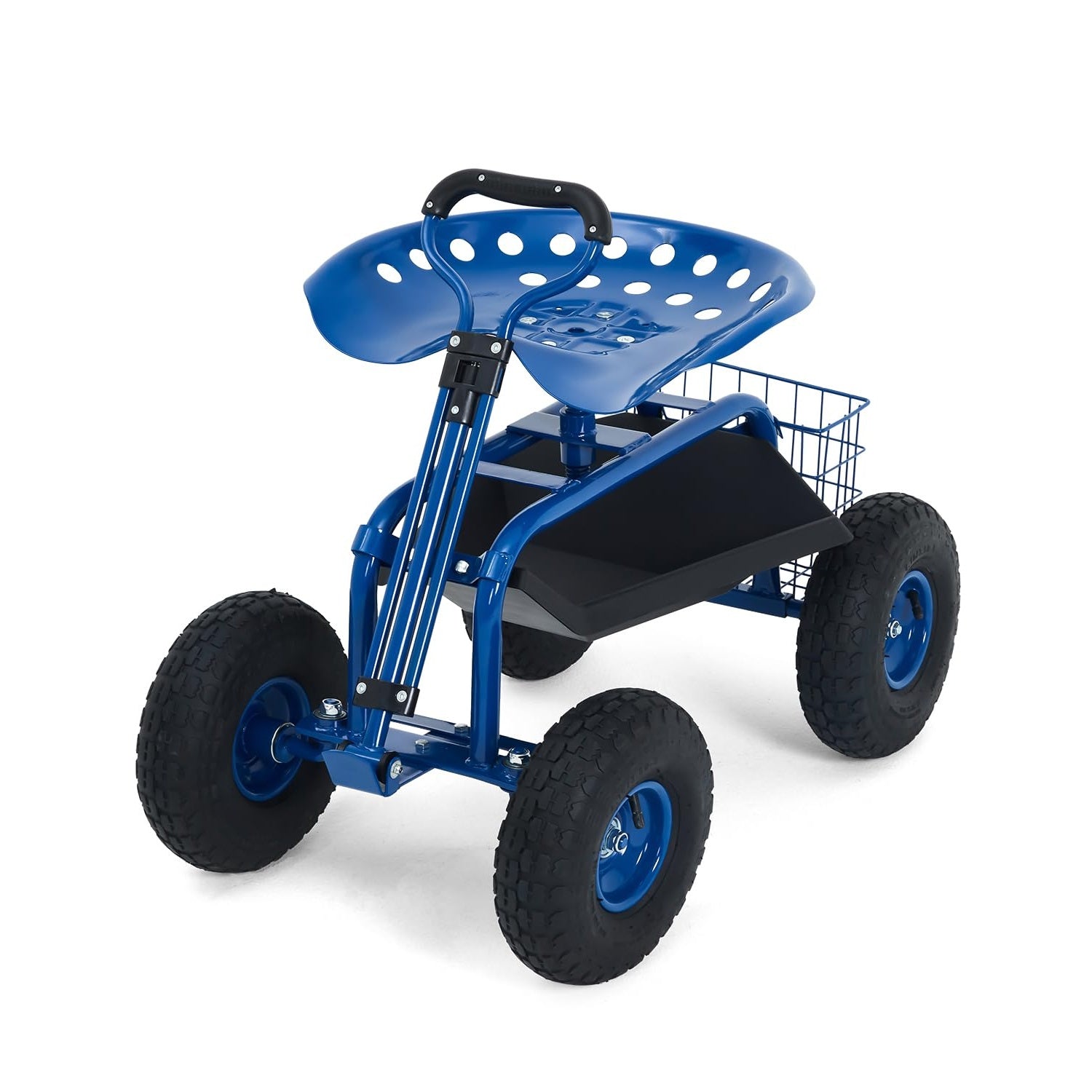 Garvee Blue Rolling Garden Work Seat with Wheels, 360° Swivel Gardening Cart with Extendable Steering Handle, Tool Tray, Storage Basket & 10" Inflatable Tires, 400 lb Capacity Garden Scooter for Yard, Patio & Outdoor Use