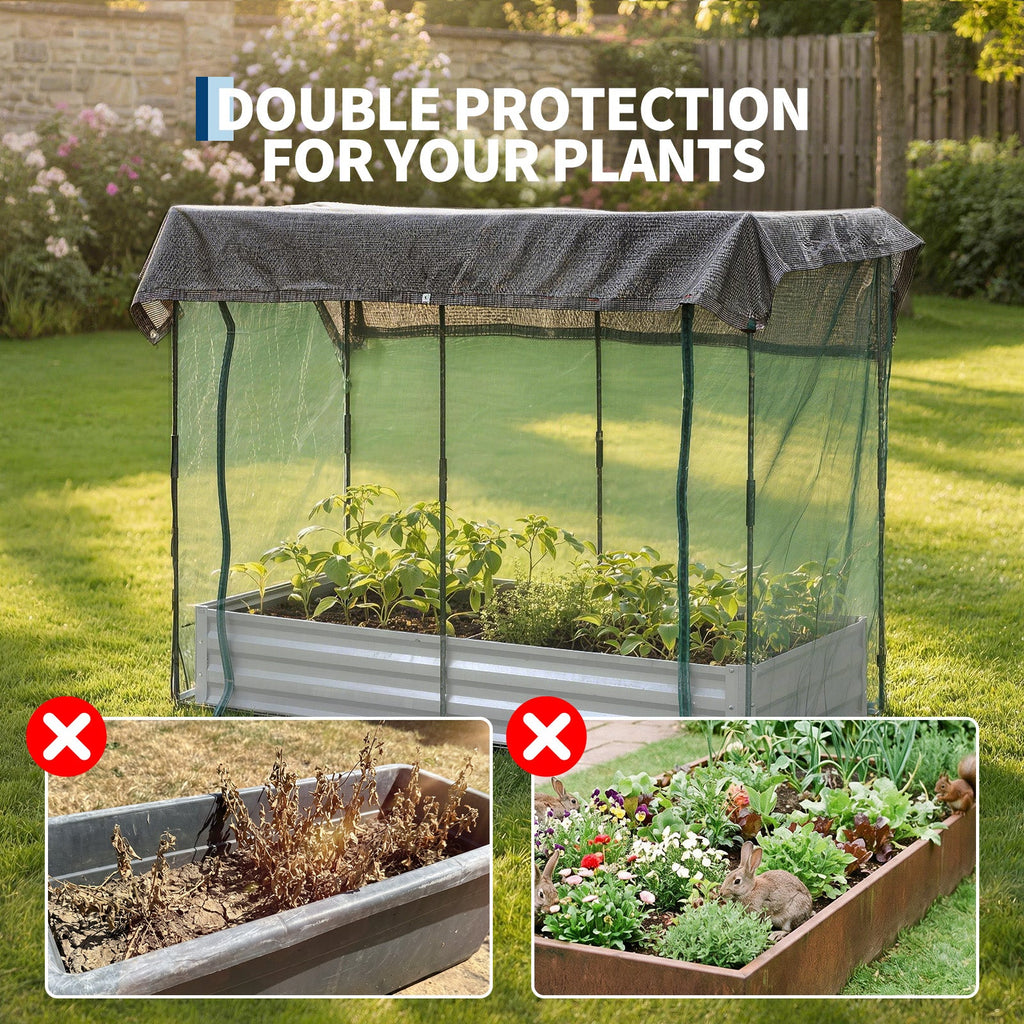 Garvee Silver Galvanized Raised Garden Bed with Crop Cage, 6×3×1ft Metal Planter Box with Plant Protection Net & Shade Cloth Roof, Zippered Doors Outdoor Garden Bed for Vegetables Herbs Flowers