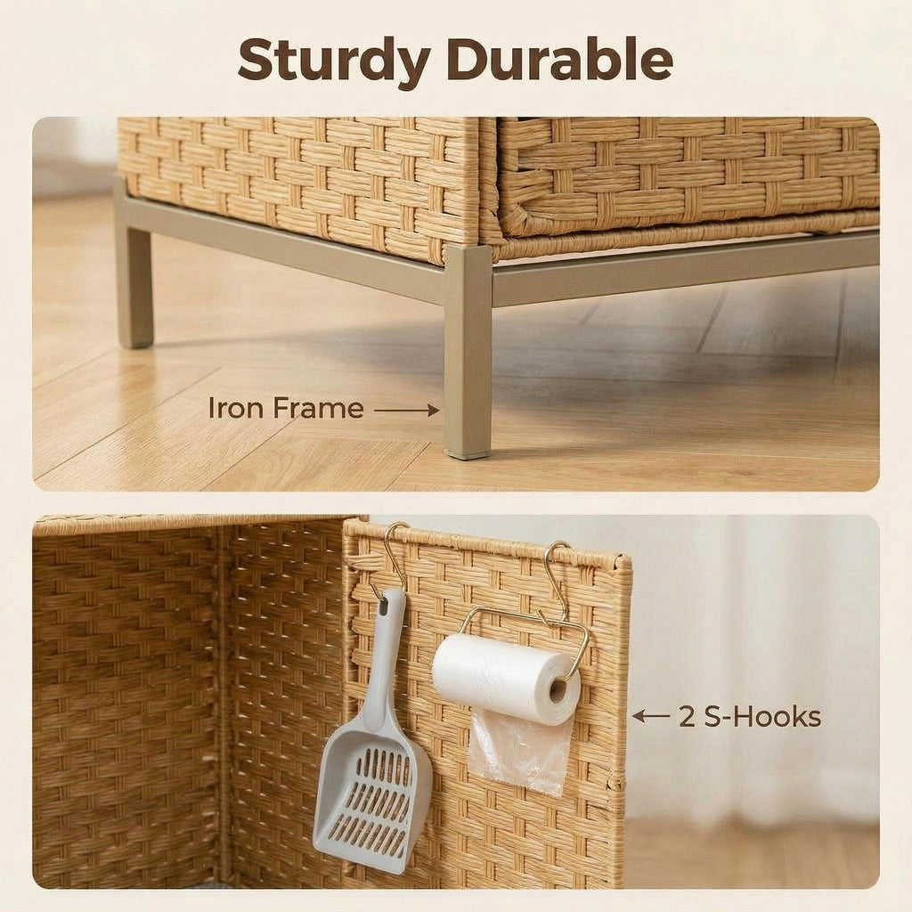 Garvee Handwoven Rattan Cat Litter Box Enclosure - Hidden Cat Washroom Cabinet with Door & S-Shaped Hooks - Large Spacious Cat Furniture for Living Room or Bedroom - Natural Color