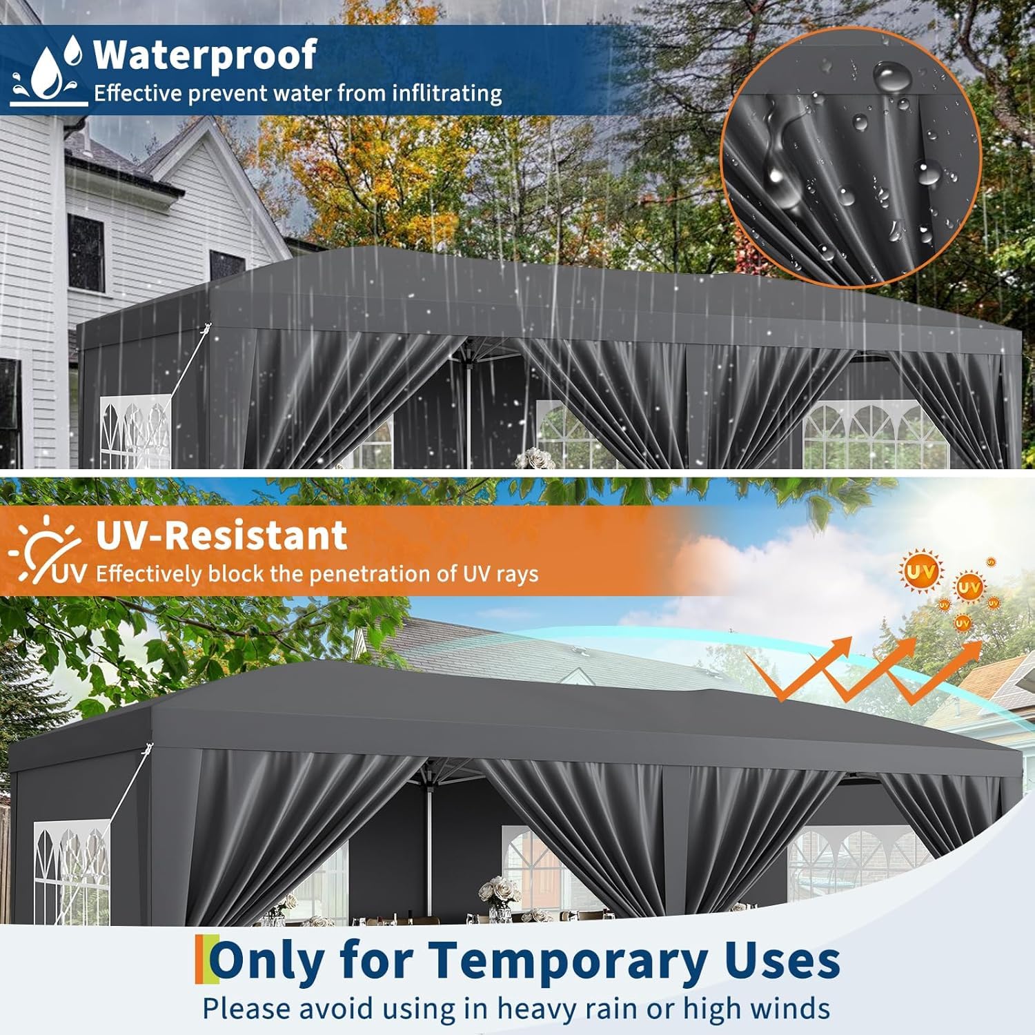 Garvee 10x20 ft Pop Up Canopy Tent, Heavy Duty Steel Frame Outdoor Shelter with 6 Removable Sidewalls, 3 Heights, UPF 50+ Waterproof 210D Oxford Cover, Dark Gray