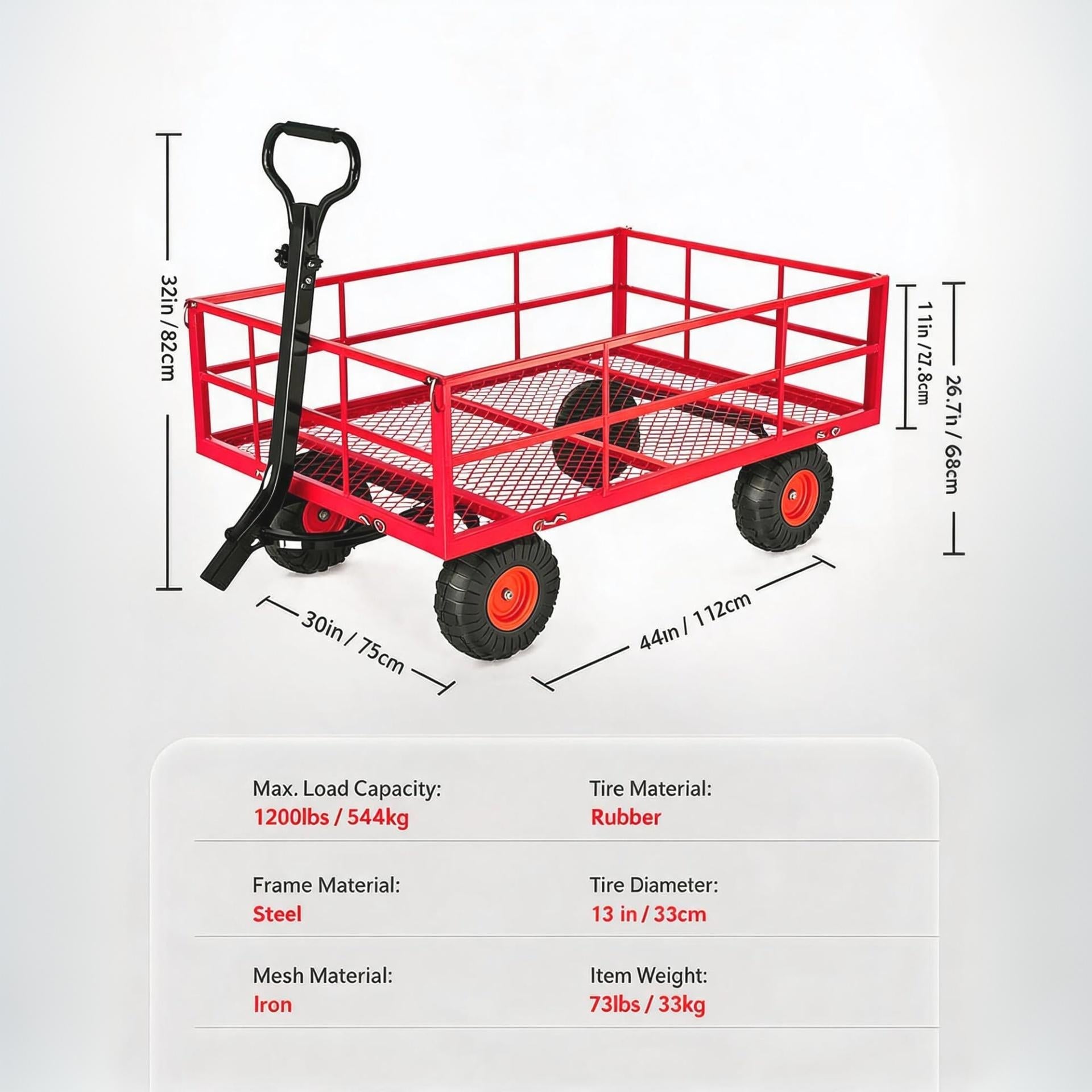 Garvee Steel Garden Cart for Lawn and Farm Use, 1200 lbs Capacity with 13-Inch Tires, Removable Sides and 2-in-1 Handle, Red
