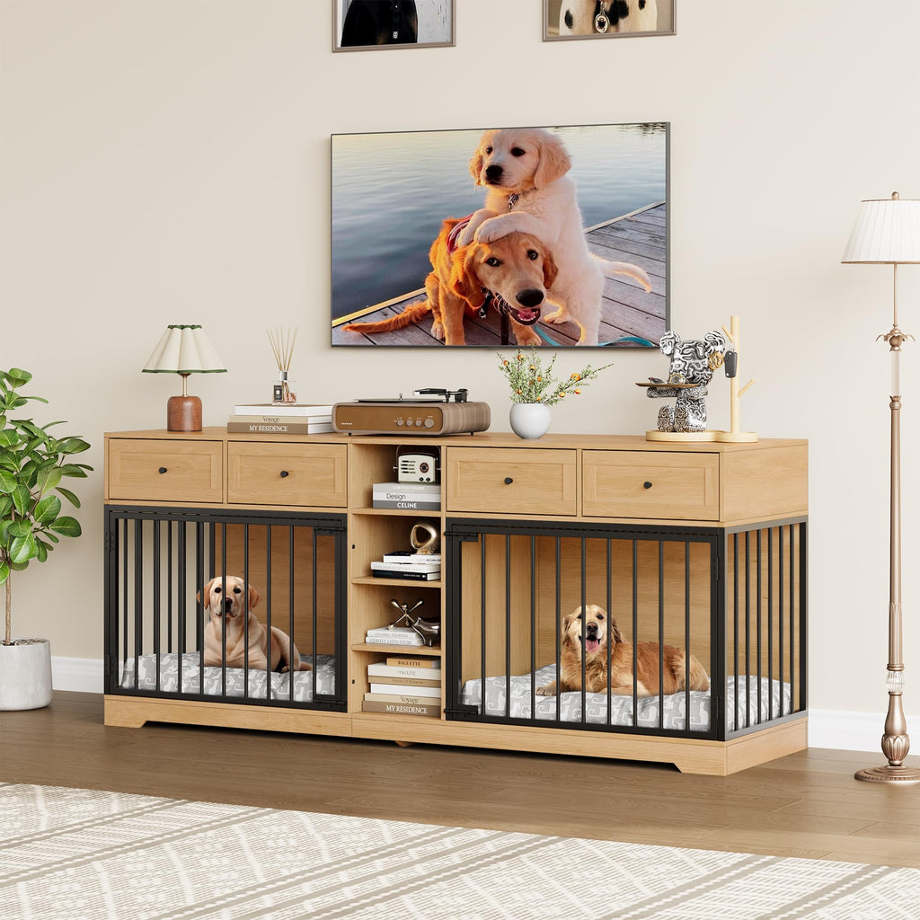 Garvee 82” Large Dog Crate for 2 Dogs, Dog Kennel Indoor with 4 Drawers and Shelves, Double Dog Crate Furniture TV Stand, Wooden Dog Cage for Medium Large Dogs, Natural