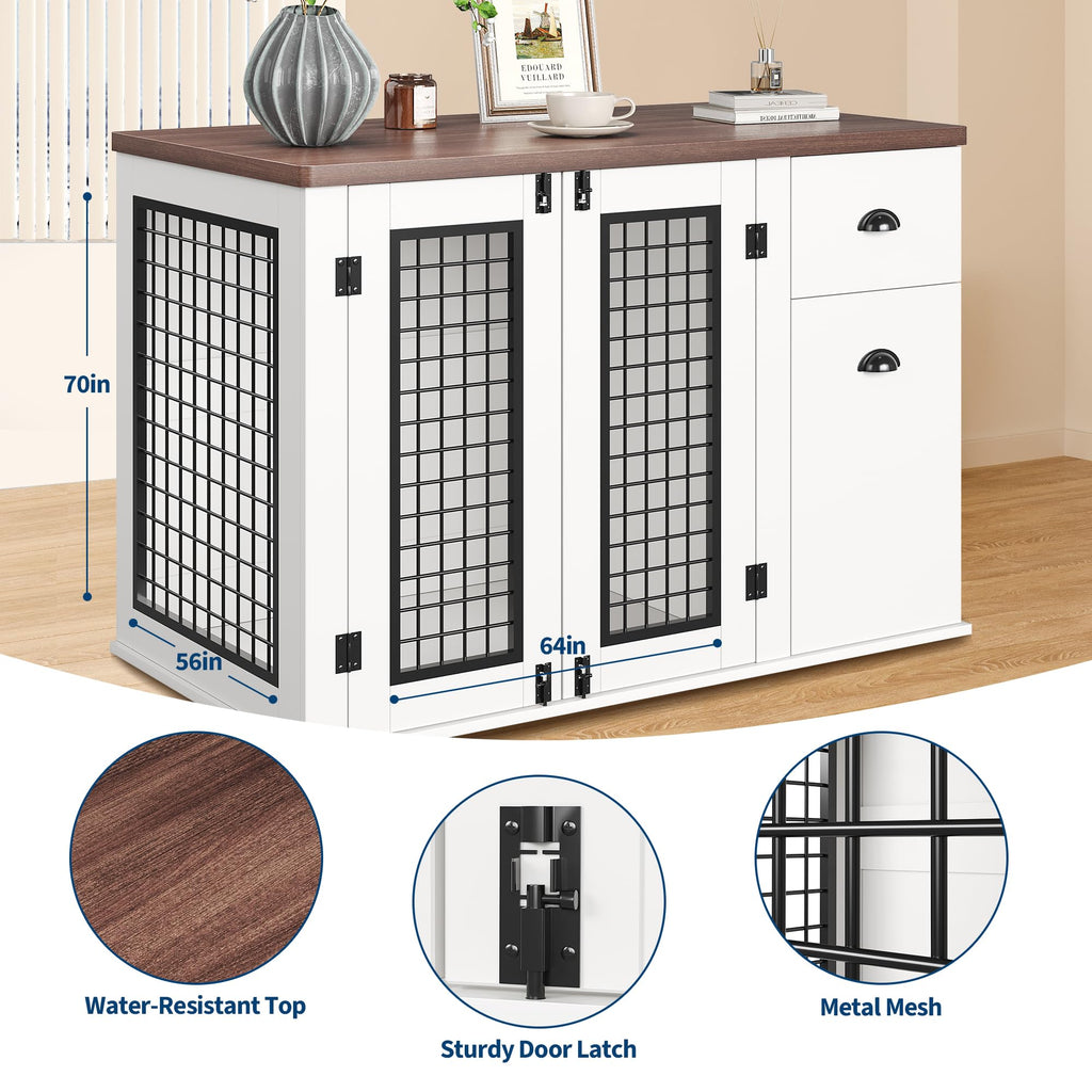 Garvee Dog Crate Furniture, Pet Kennel for Small to Medium Dogs, White Wooden Pet House with Drawers and Side Cabinets, Multi-Functional Dog Cage for Indoor Use, White