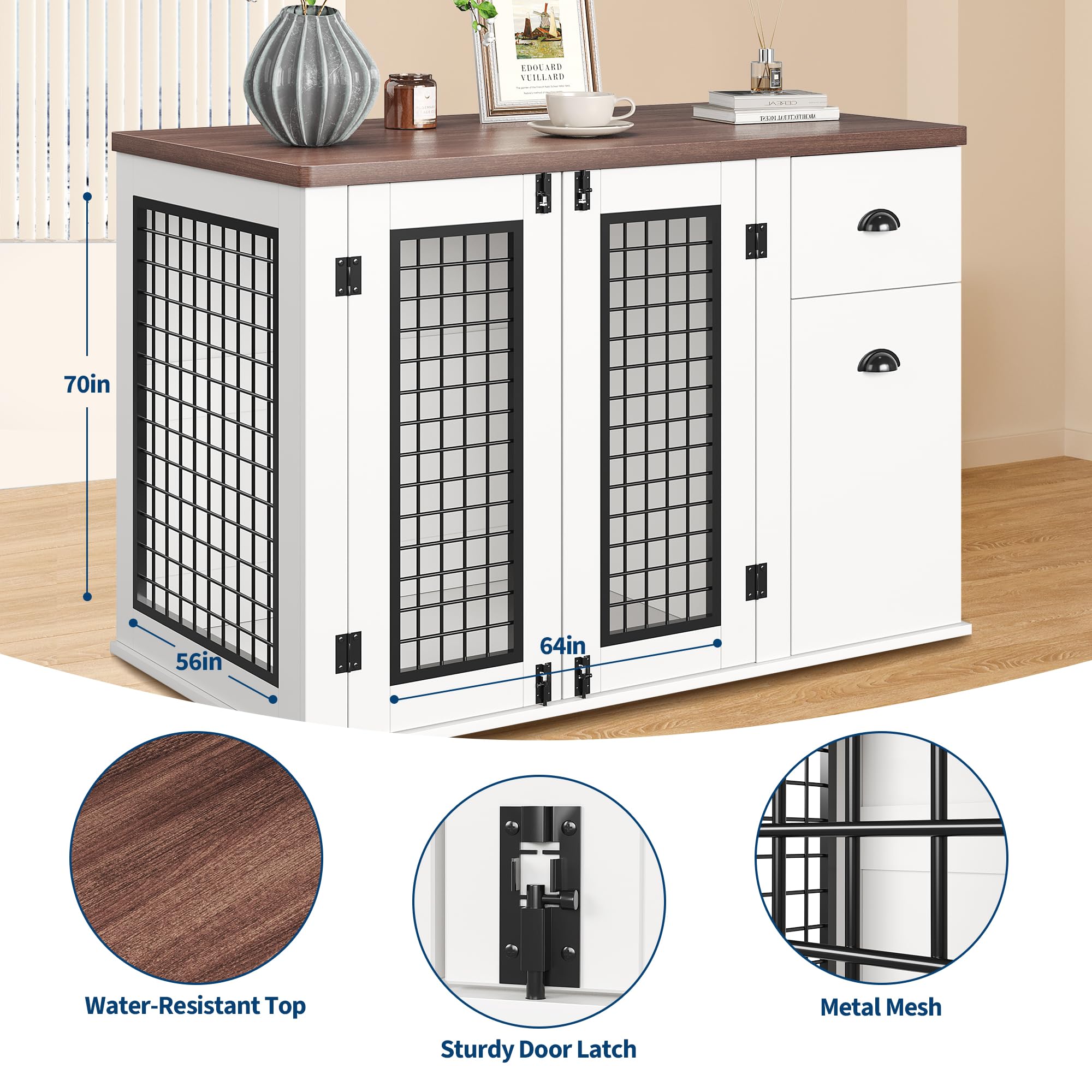 Garvee Dog Crate Furniture, Pet Kennel for Small to Medium Dogs, White Wooden Pet House with Drawers and Side Cabinets, Multi-Functional Dog Cage for Indoor Use, White