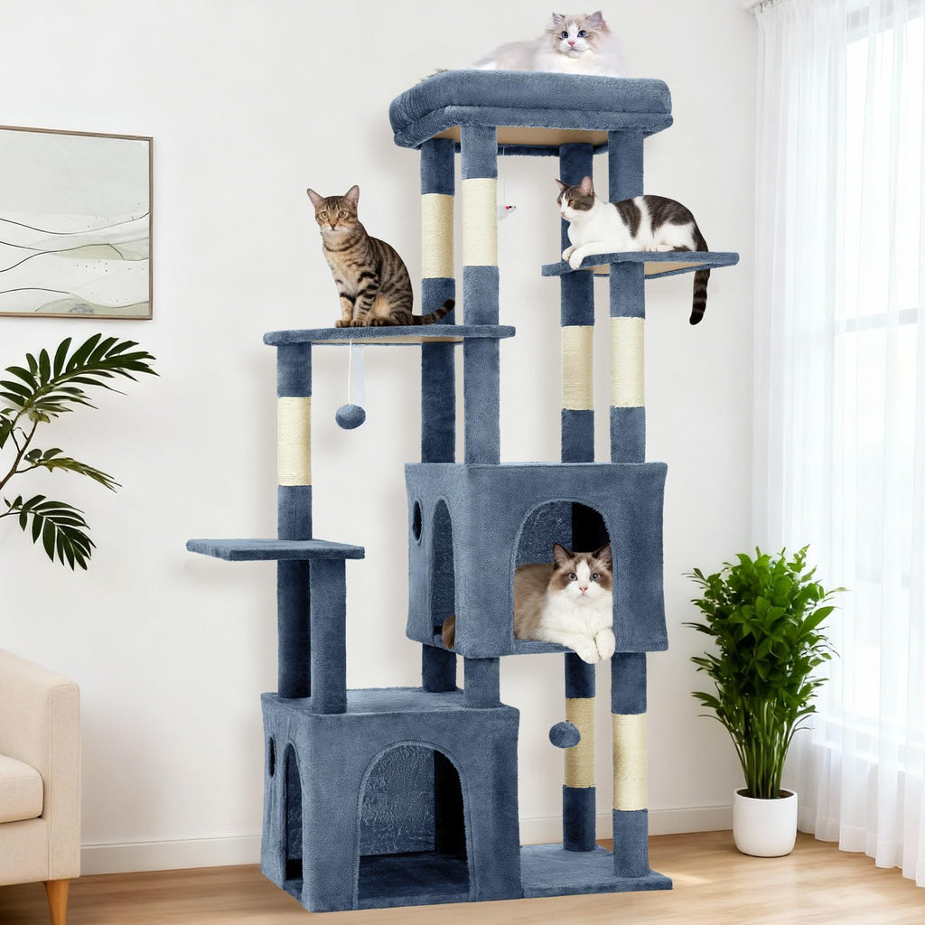 Garvee 61" Multi-Level Cat Tree for Indoor Cats, Heavy-Duty Tower for Large Adult & Maine Coon Cats with Oversized Perch, Dual Condos, Natural Sisal Scratching Posts & Play Toys – Light Blue