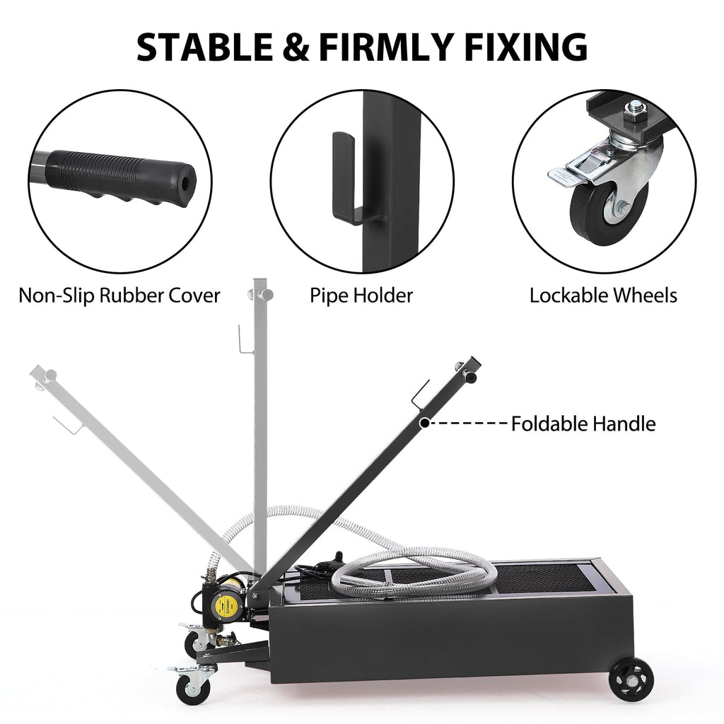 Garvee 20 Gallon Oil Drain Pan with 12V Electric Pump, Low-Profile Steel Construction, Foldable Handle, Wheels, and 8FT Hose for Garage Use, Black