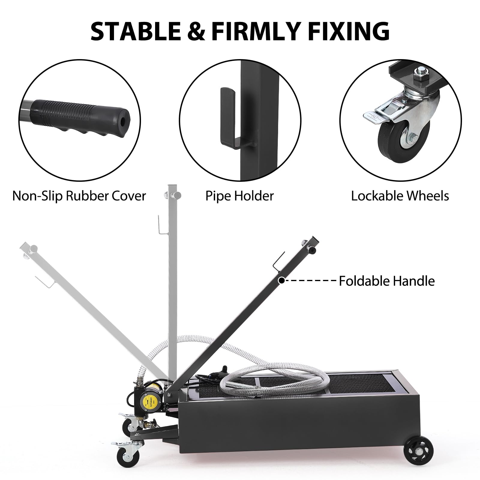Garvee 20 Gallon Oil Drain Pan with 12V Electric Pump, Low-Profile Steel Construction, Foldable Handle, Wheels, and 8FT Hose for Garage Use, Black